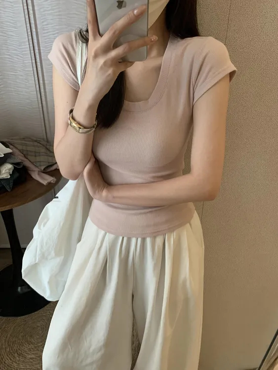 灰粉色基础款u领短袖T恤女夏季新款甜辣妹修身收腰百搭短款上衣i