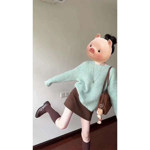 软糯蓝色圆领毛衣外套女秋冬季宽松慵懒风外穿针织上衣裙子套装女