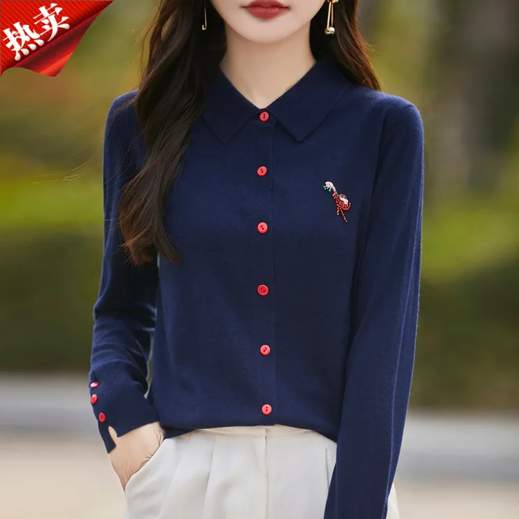 哥弟阿玛施正品轻职风翻领长袖针织开衫女极简毛衬衫外搭薄款春秋