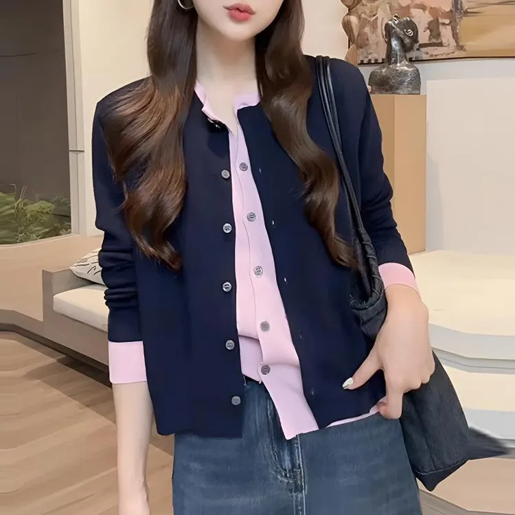 韩版设计感假两件毛衣女2025秋冬新款洋气长袖开衫针织减龄上衣潮