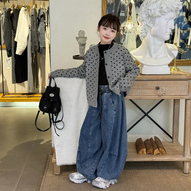 女童秋装针织波点开衫弯刀裤套装中大童秋季洋气波点灰色毛衣外套