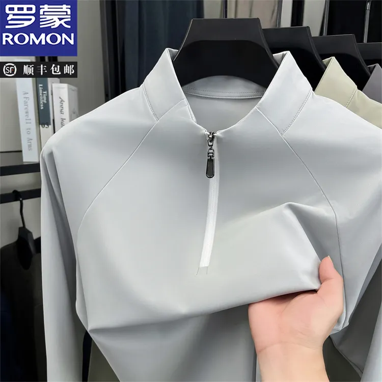 罗蒙男士长袖t恤秋季半高领拉链打底衫山系户外运动速干上衣服男