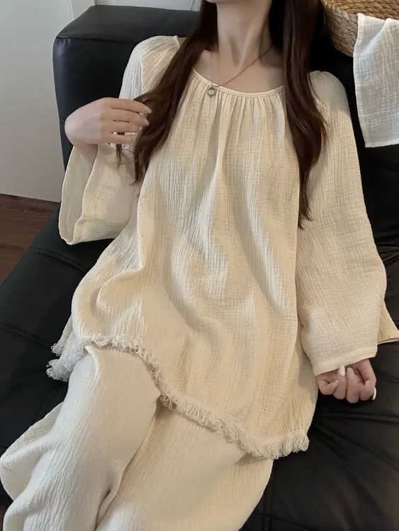 少女纯色宽松显瘦流苏设计感睡衣女春秋新款简约休闲小清新家居服