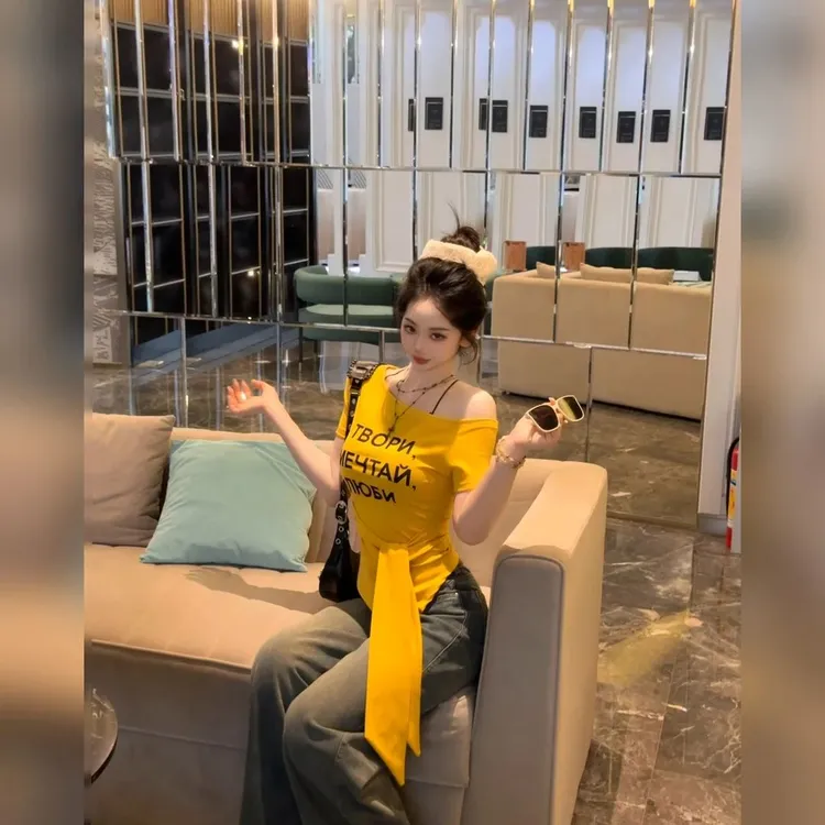 韩版收腰通勤短袖拼接露肩无袖显瘦T恤绑带小众一字领女上衣潮款