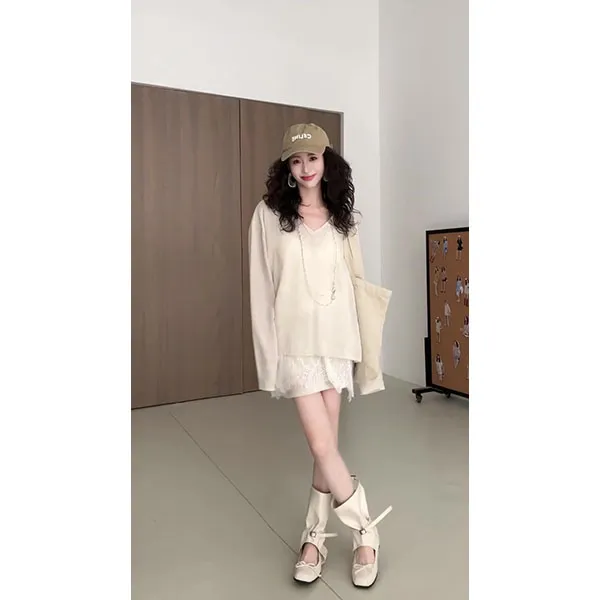 2025新款薄款慵懒风通勤宽松上衣+休闲蕾丝吊带+裙子时尚三件套