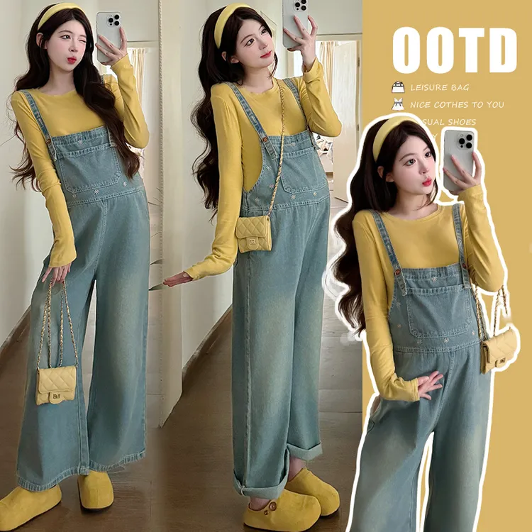 2025孕妇装秋季新款韩版休闲简约牛仔背带裤T恤打底衫孕妇套装