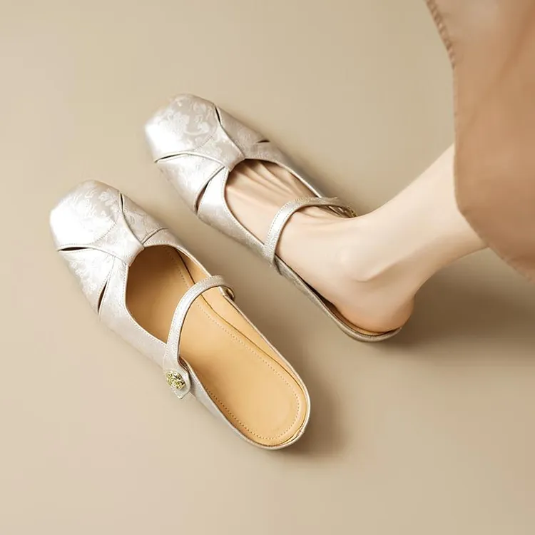 羊皮版~中式山茶花穆勒鞋2025新款镂空气质包头凉半拖鞋女夏外穿