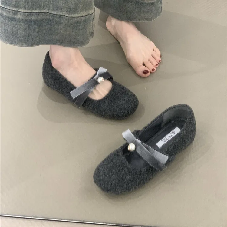 温柔丝绒蝴蝶结内增高灰色呢子玛丽珍鞋女秋冬百搭厚底加绒单鞋