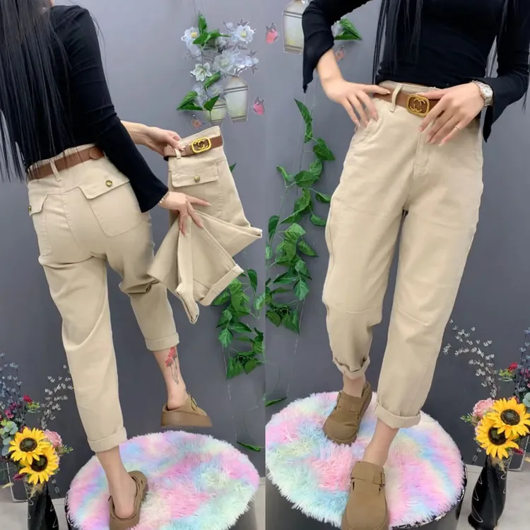 春季新款纯棉老爹裤女时尚米色休闲裤小个子显瘦百搭宽松哈伦裤子