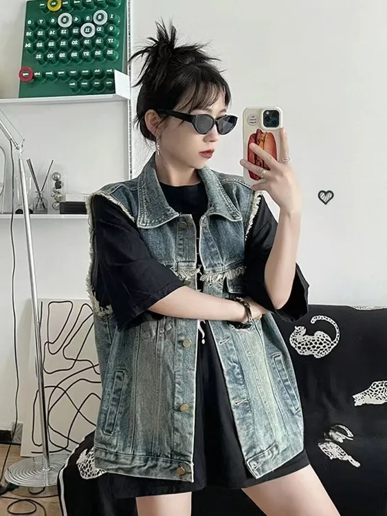 美式复古牛仔马甲外套女春季2025新款毛边设计感小众宽松无袖坎肩