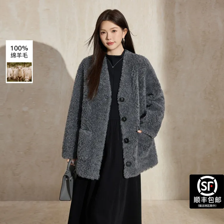 蓝语大码慵懒风100%绵羊毛颗粒短外套2025冬季新款仿皮毛一体上衣