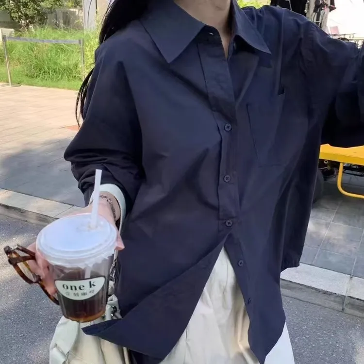 春秋季经典女装纯色长袖宽松衬衫慵懒bf风设计感小众黑色衬衣外穿