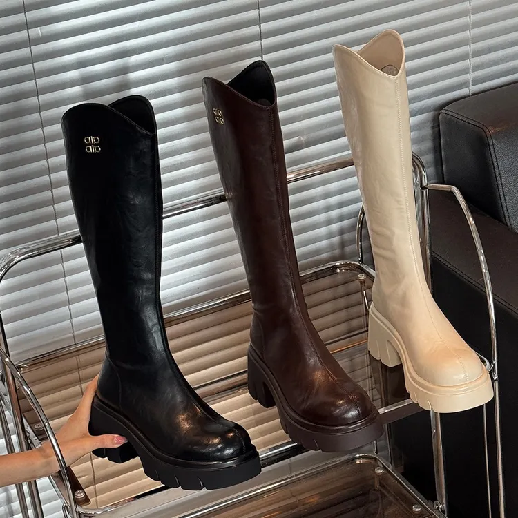 鞋芙人松糕粗跟V口高跟长筒靴2025新款秋冬小个子不过膝长靴