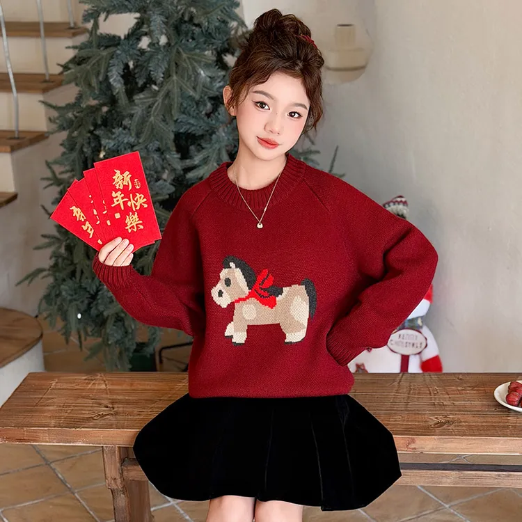 女童冬季加厚保暖小马红色毛衣2025新款女大童新年喜庆针织衫年服
