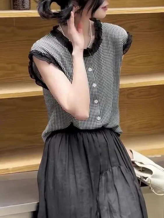 欧洲站复古格纹拼接木耳花边灰色无袖背心2025年夏季新款显瘦别致
