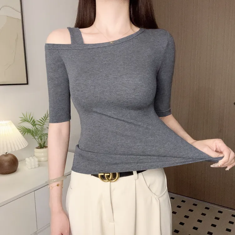 薇帛斜肩五分袖t恤女春秋季2025新款修身露肩打底衫百搭中袖上衣