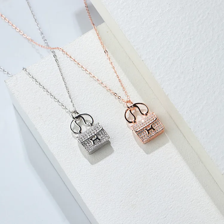 坠链均925银 时尚手提袋H字母包包项链女锁骨创意潮流银项饰品