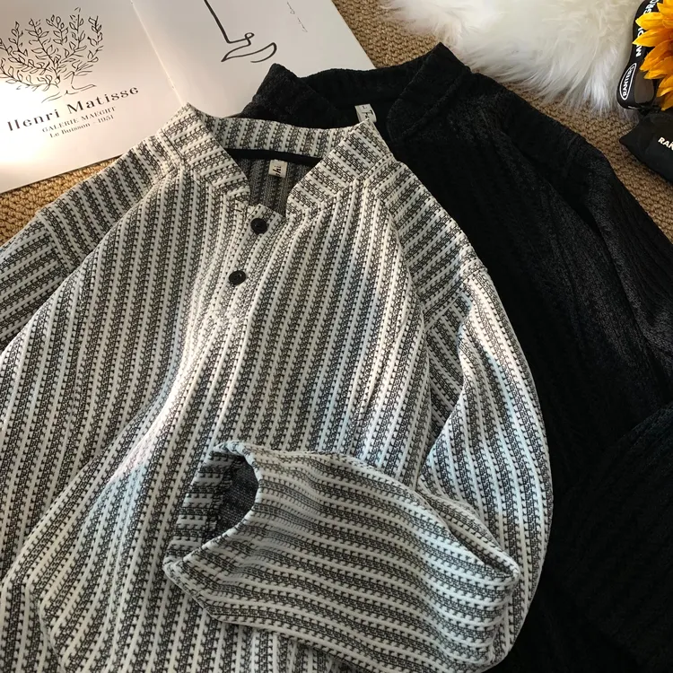 小香风鱼骨纹撞色亨利领长袖T恤男款秋季高级感正肩卫衣情侣外套