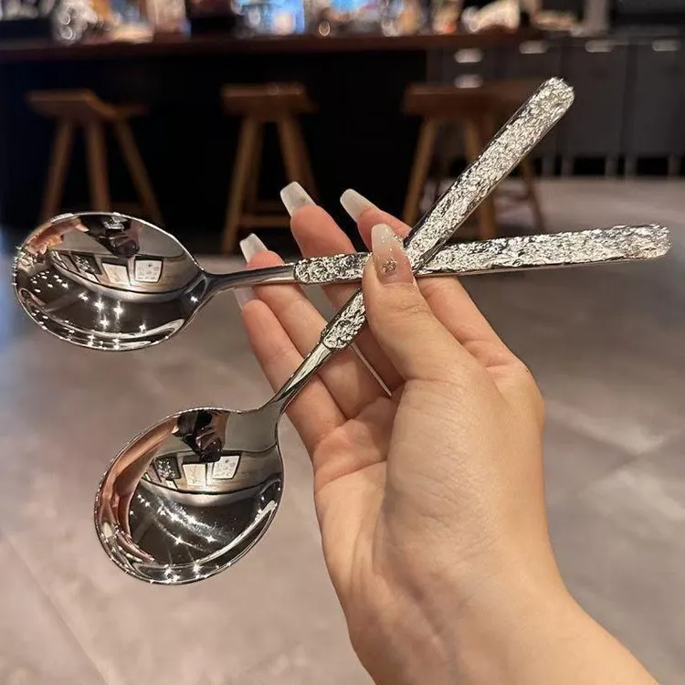 【到手2支】18-10冰裂纹圆头勺厨房家用汤匙长柄勺喝汤西餐勺2支装