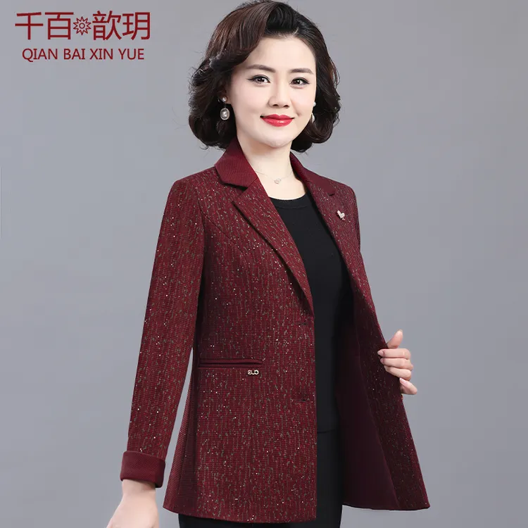 妈妈西装外套春秋款50岁新款小个子中老年女装时尚红色小香风上衣