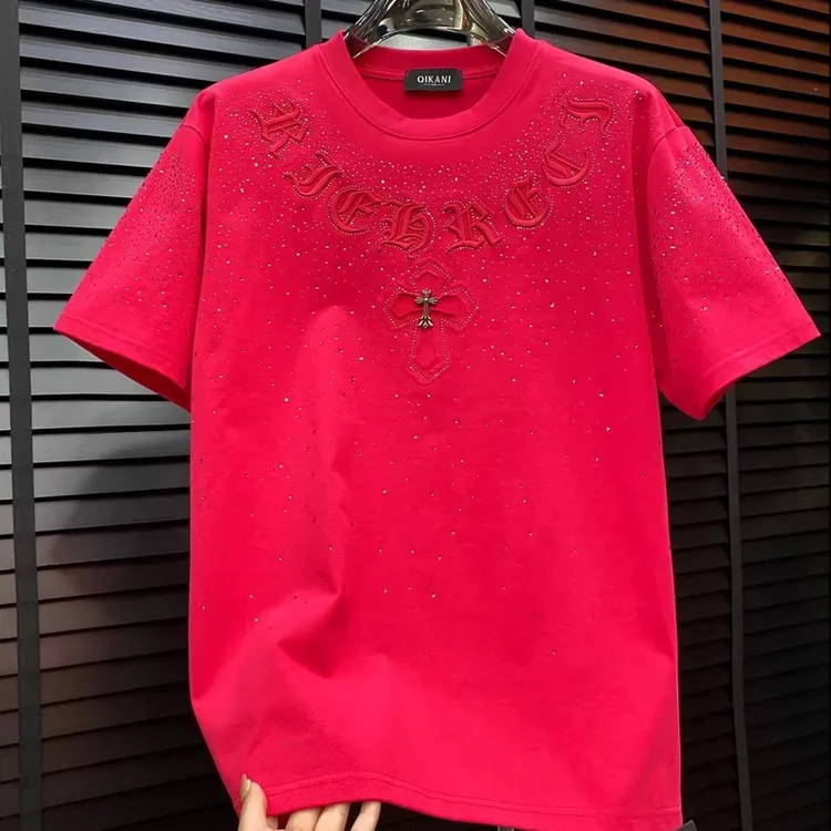 春夏新款时尚百搭轻奢刺绣烫钻微阔圆领短袖男士痞帅半袖T恤