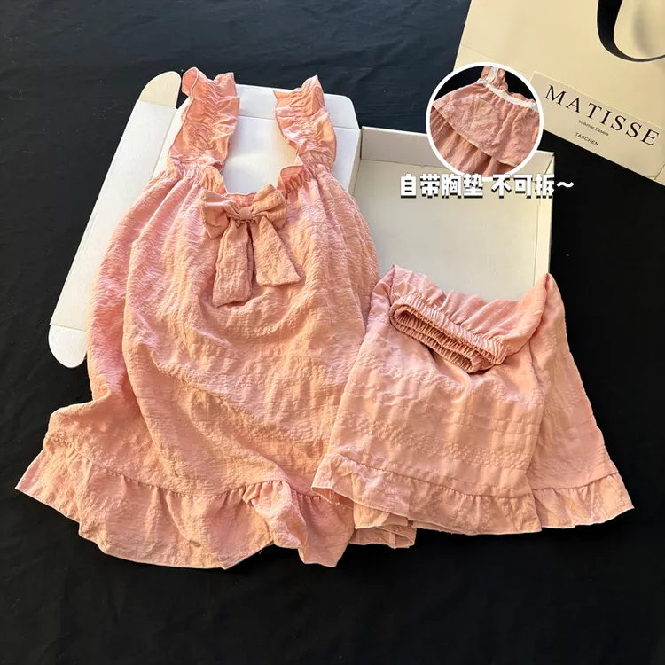 睡衣女夏2025新款ins风少女甜美蝴蝶结吊带凉感小清新可外穿套装