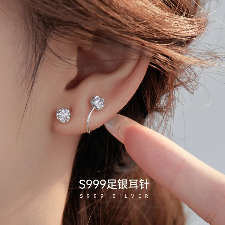 金美澳 足银耳饰 S999银高级感耳骨耳钉螺纹拧扣耳帽防丢设计2025