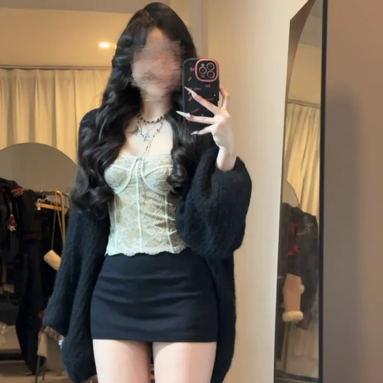 乖乖爱吃辣o｜早古韩女蕾丝吊带针织毛衣开衫修身包臀裙套装