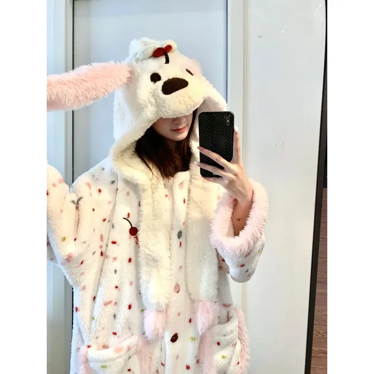 彩色波点兔耳连帽珊瑚绒睡袍女秋冬季新款软糯保暖睡衣家居服睡裙