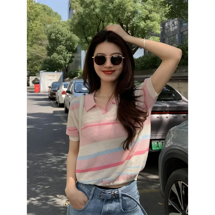 镂空撞色条纹t恤针织衫短袖上衣七分牛仔短裤百搭休闲直筒裤子女