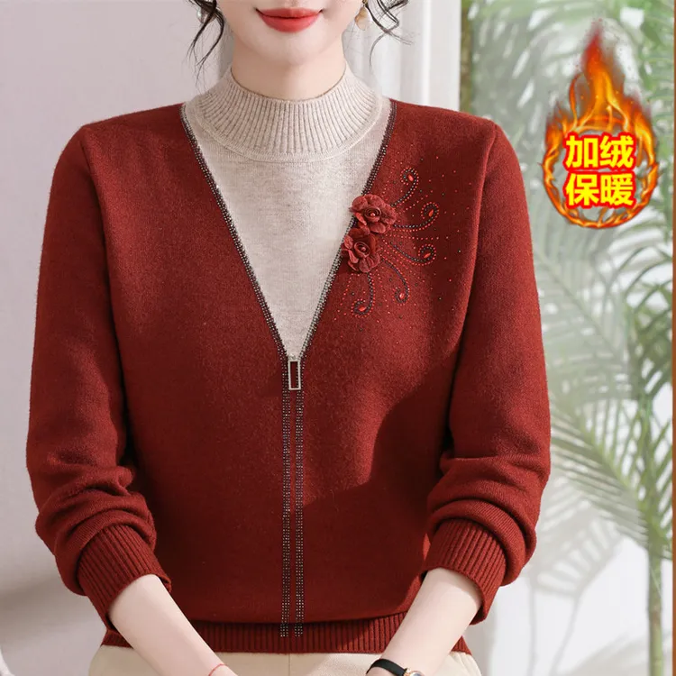 新款妈妈装秋冬毛衣中老年女士加绒加厚假两件时尚休闲宽松保暖衣