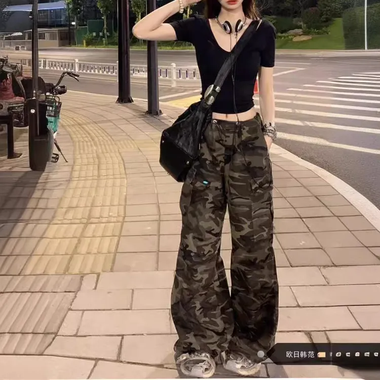 美式复古迷彩工装裤女秋季新款炸街甜酷辣妹宽松直筒垂感休闲裤子