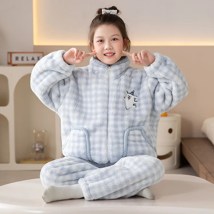 儿童珊瑚绒开衫睡衣女童冬季新款加厚大童女孩卡通外穿洋气家居服
