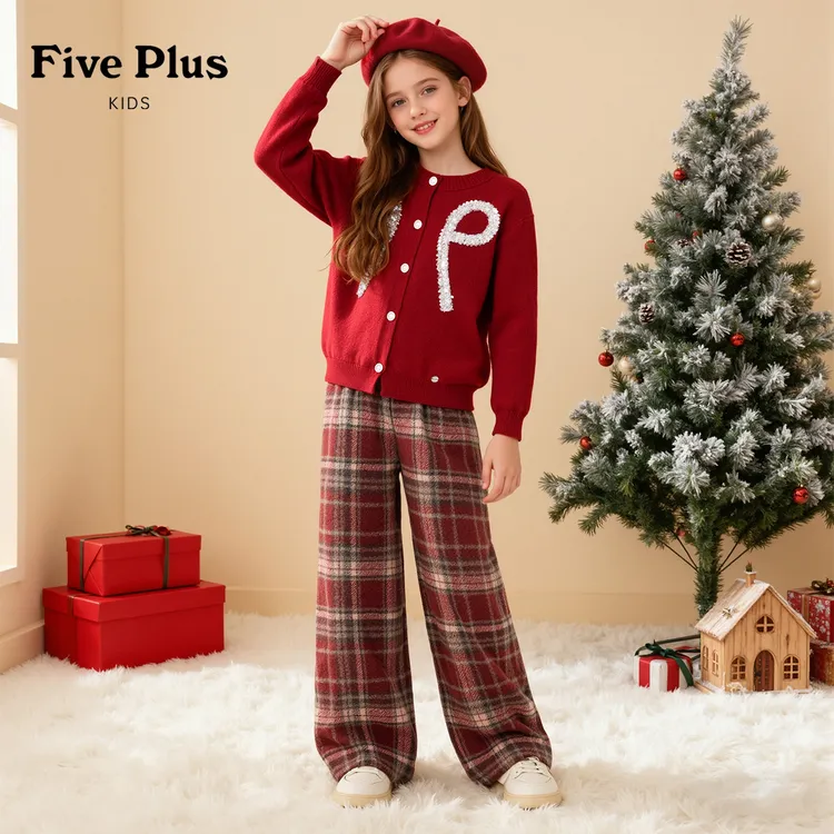 Five Plus女童毛衣套装2026新年女孩红色针织衫洋气百搭儿童冬装