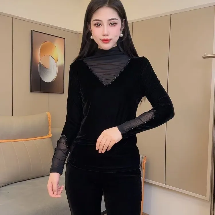 6881设计师原创定制高端品质时尚休闲拼接丝绒秋季新款黑色女小衫