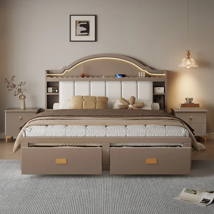 现代主卧简约实木床双人简约1.8软1.5气压收纳储物床1.5米x2米床