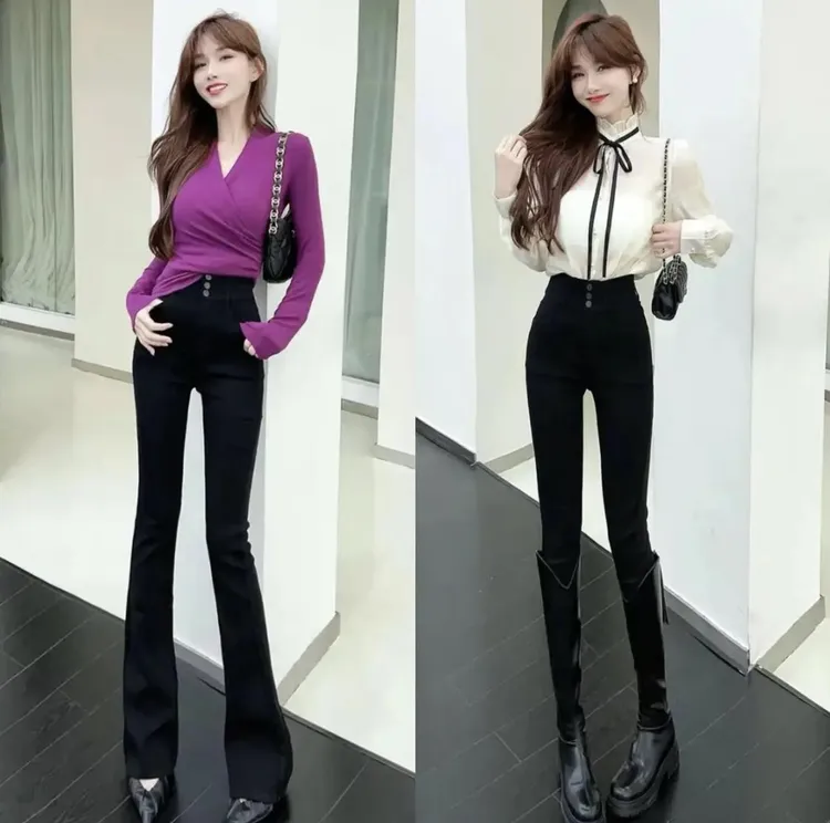 万能百搭休闲裤千金风高腰长裤微喇秋季微喇裤小脚裤弹力小黑裤