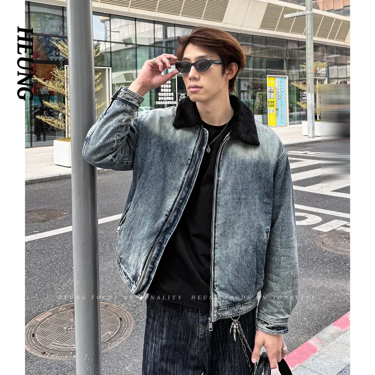 HEUNG  冬季美式复古重磅毛领保暖牛仔蓝夹克男加绒加厚工装外套