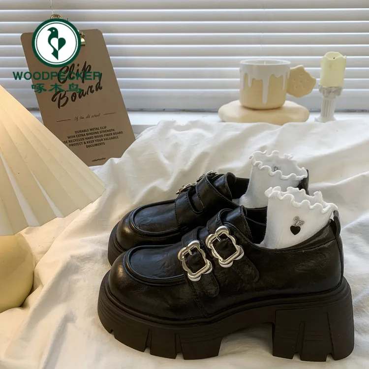 啄木鸟英伦风乐福鞋女2025秋冬季新款加绒厚底小个子玛丽珍小皮鞋