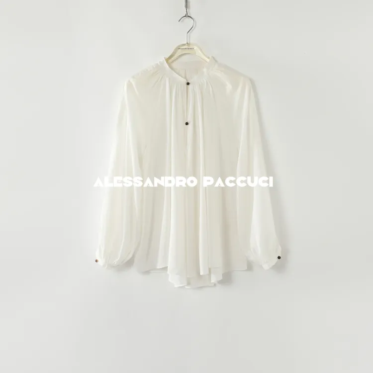 AP洛哥52011HC【寻风】桑蚕丝+棉水滴领收褶插肩袖宽松百搭衬衫