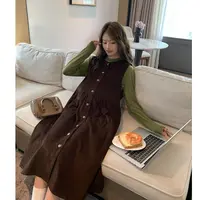 日系遮肉显瘦~孕妇灯芯绒连衣裙秋冬口袋文艺开扣马甲长款背心裙