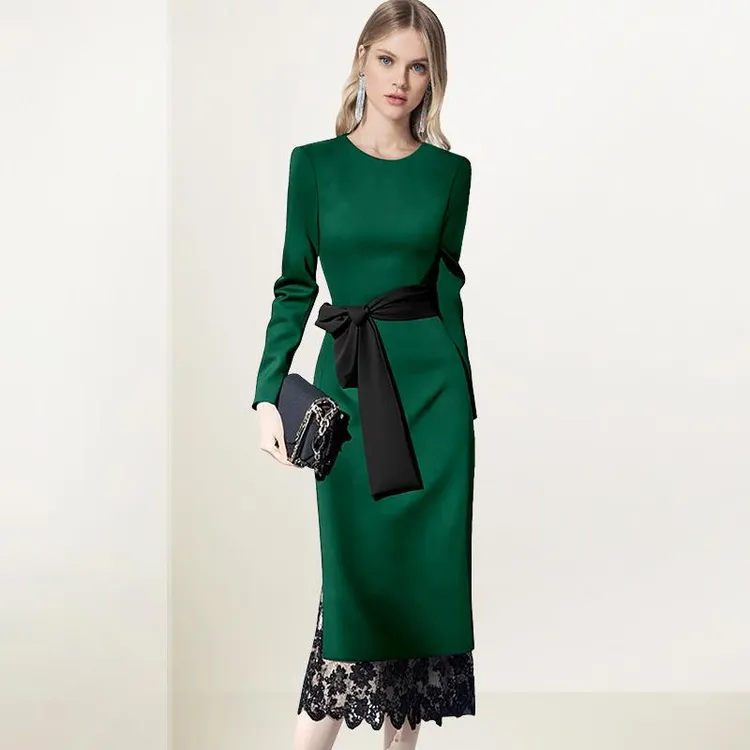 优雅气质绿色收腰连衣裙女2025年秋装新款法式减龄收腰一步裙子潮