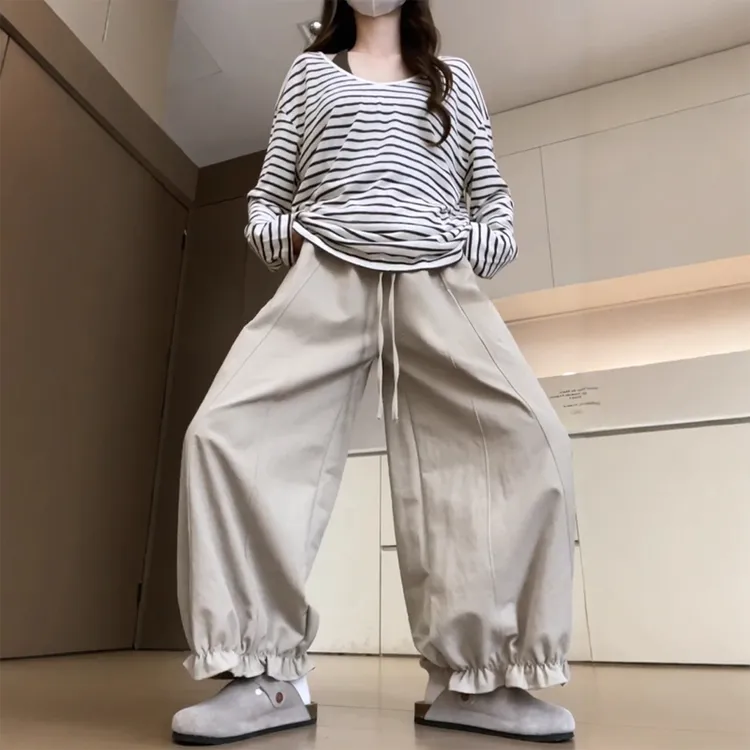 松弛感卡其色九分阔腿灯笼裤子女大码女装胖mm宽松显瘦休闲花苞裤