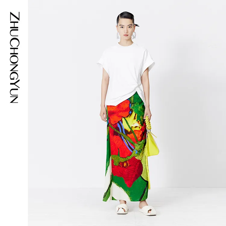 【生如夏花】ZHUCHONGYUN夏新款油画风印花抽褶半裙C1DE22312
