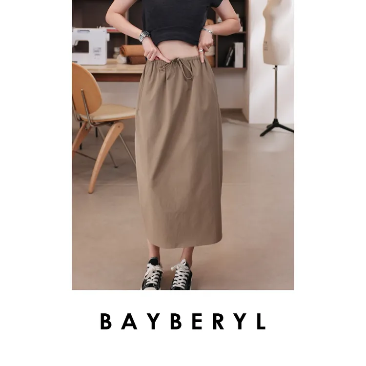 BAYBERYL老贝梨子裙*后开叉茧型抽绳休闲中长半身裙YQ5E2404