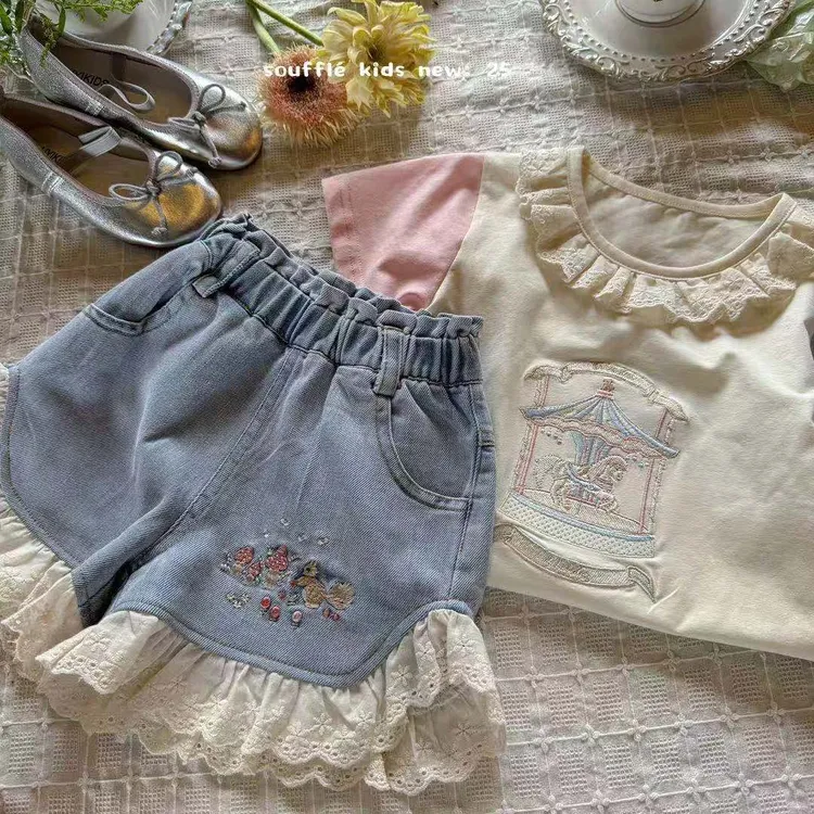 【丸子专属】春夏季女童多色花边刺绣休闲牛仔裤时尚Ts003