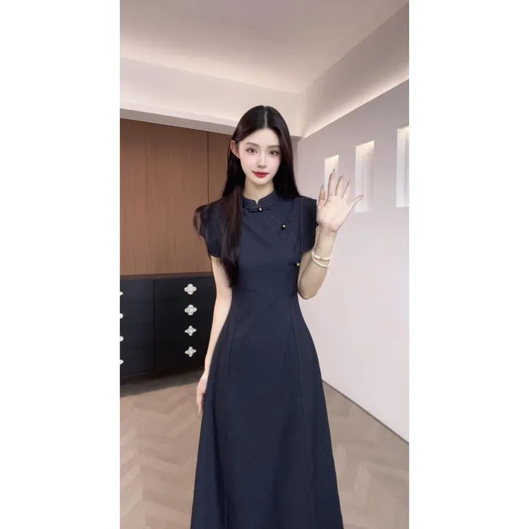 2025年牛仔色旗袍女夏装轻款国风新中式显瘦连衣裙B0105