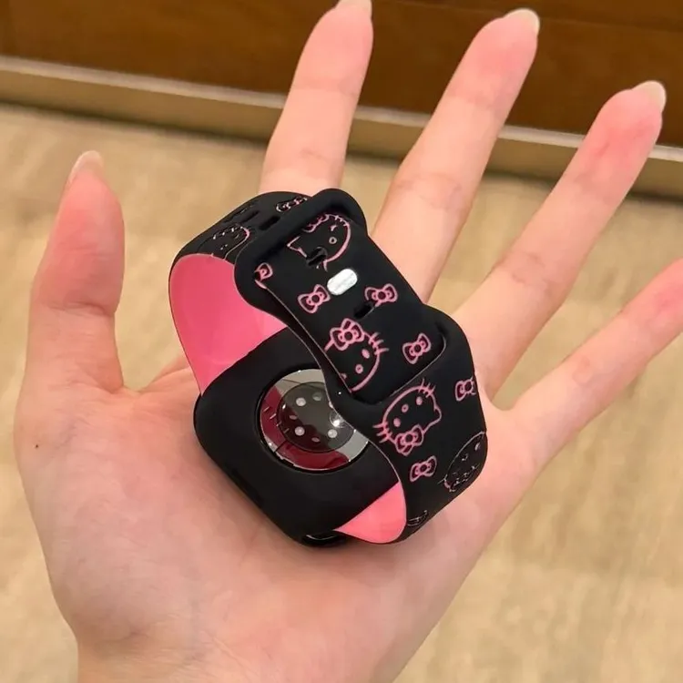 满屏浮雕凯蒂猫双色硅胶表带适用小米手环9pro华为fit4红米watch