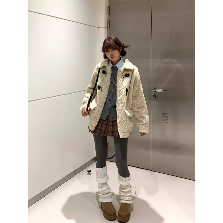 2024翻领仿兔绒奶fufu羊羔毛外套皮毛一体2024冬季韩系翻领大衣