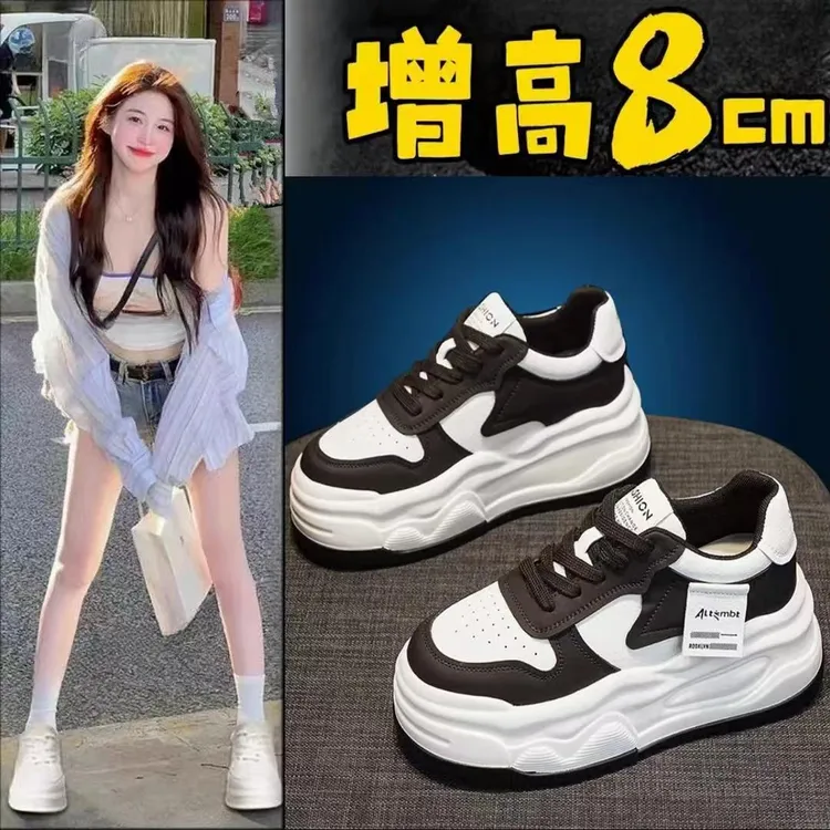 内增高女鞋网面2025秋季新款百搭厚底小个子黑白松糕小白鞋女板鞋